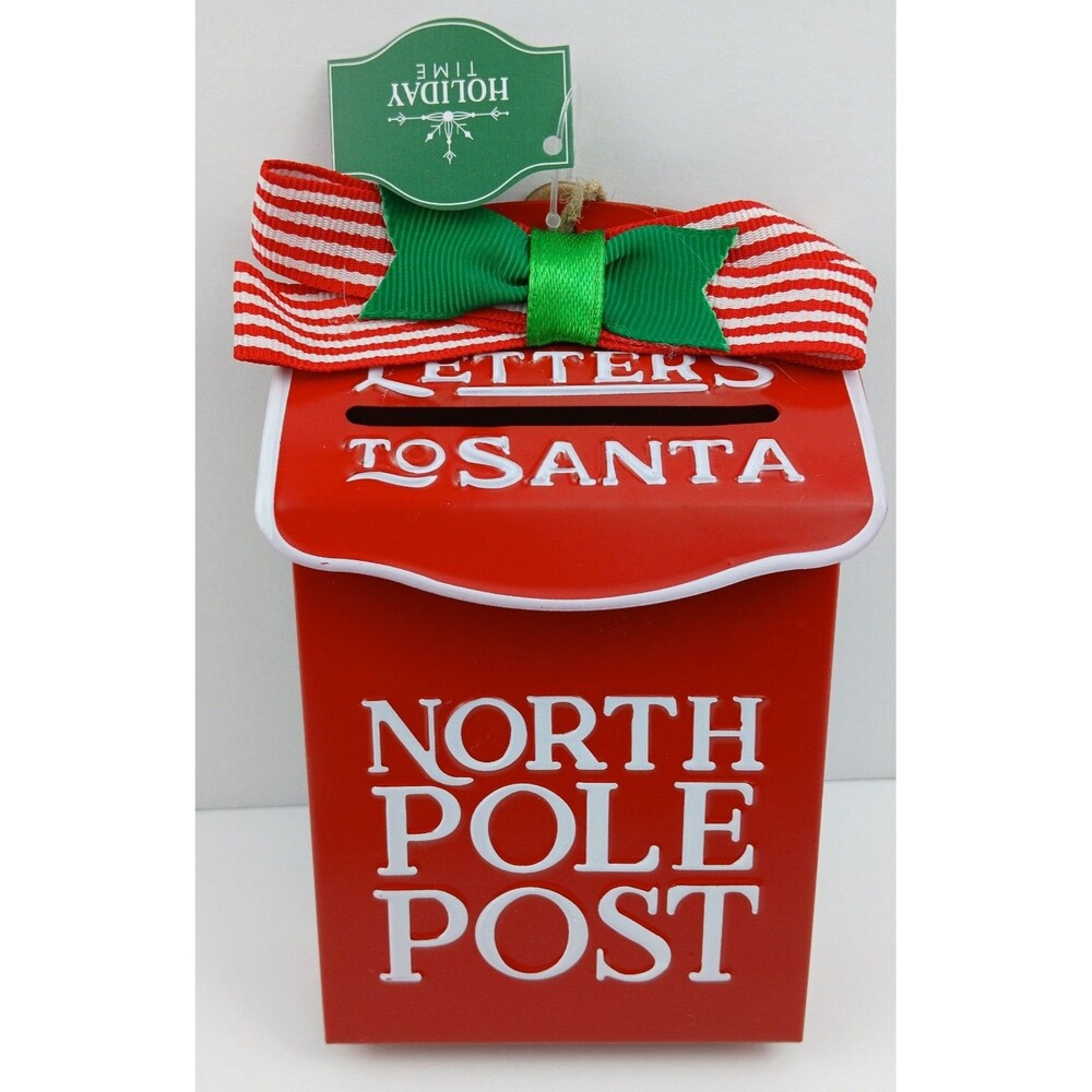 Christmas Ornament Mailbox Letters to Santa Metal Tin North Pole Post Slot Red